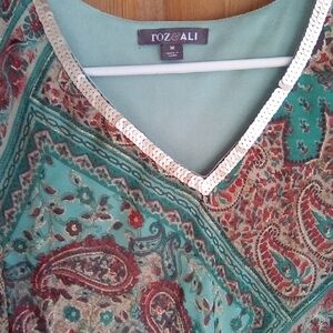 Roz & Ali Teal Paisley V-Neck Blouse with Sequin Trim